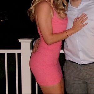 Oh polly coral colored mesh ruched halter mini dress size 6